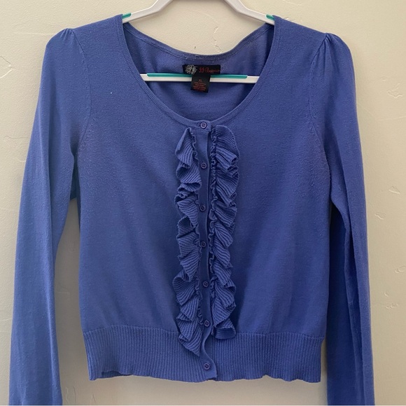 J.J. Basics Cardigan with Ruffles Down the Front Buttons - Medium Blue - Picture 3 of 4